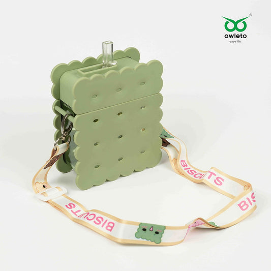 BPA-Free Square Water Bottle for Kids | Leak-Proof Water Flask with Strap and Biscuit Design - BPA-Free Square Water Bottle for Kids: Leak-Proof Water Flask with Strap and Biscuit Design-Brown - owleto