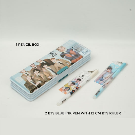 BTS PENCIL BOX AND 2 BTS PEN WITH RULER COMBO (blue) - 