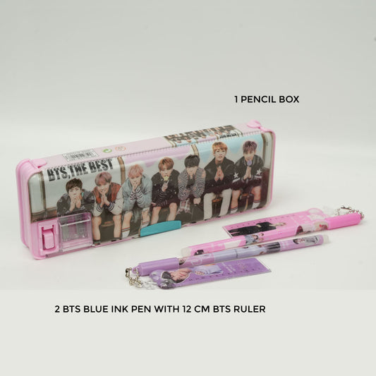 BTS PENCIL BOX AND 2 BTS PEN WITH RULER COMBO (pink) - 