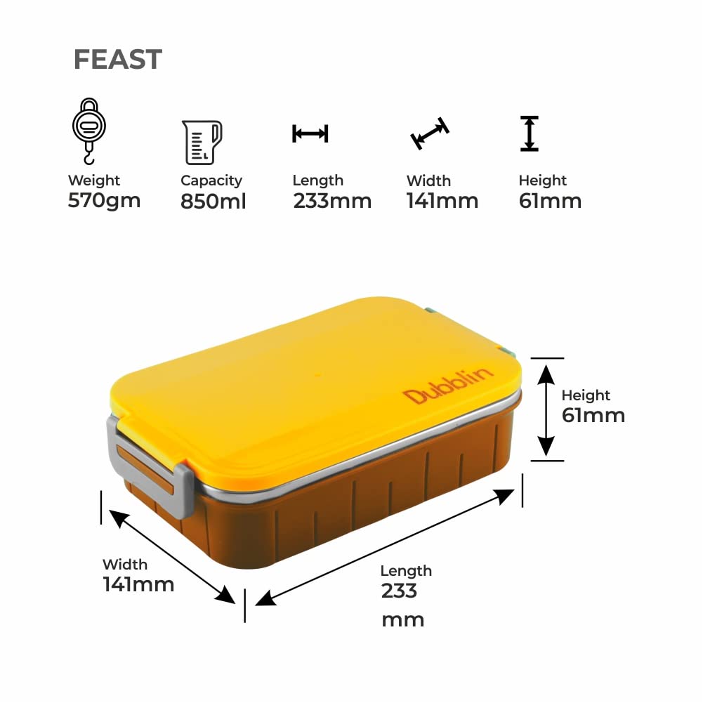 DUBBLIN Feast Stainless Steel Lunch Box Insulated Airtight Spill Proof with Spoon, sabzi Container Inside, 850 ml, Yellow - 