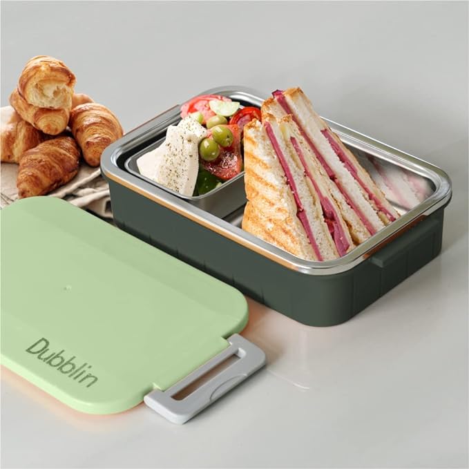 DUBBLIN Feast Stainless Steel Lunch Box Insulated Airtight Spill Proof with Spoon, sabzi Container Inside, 850 ml, Yellow - 