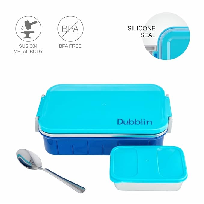 DUBBLIN Feast Stainless Steel Lunch Box Insulated Airtight Spill Proof with Spoon, sabzi Container Inside, 850 ml, Yellow - 